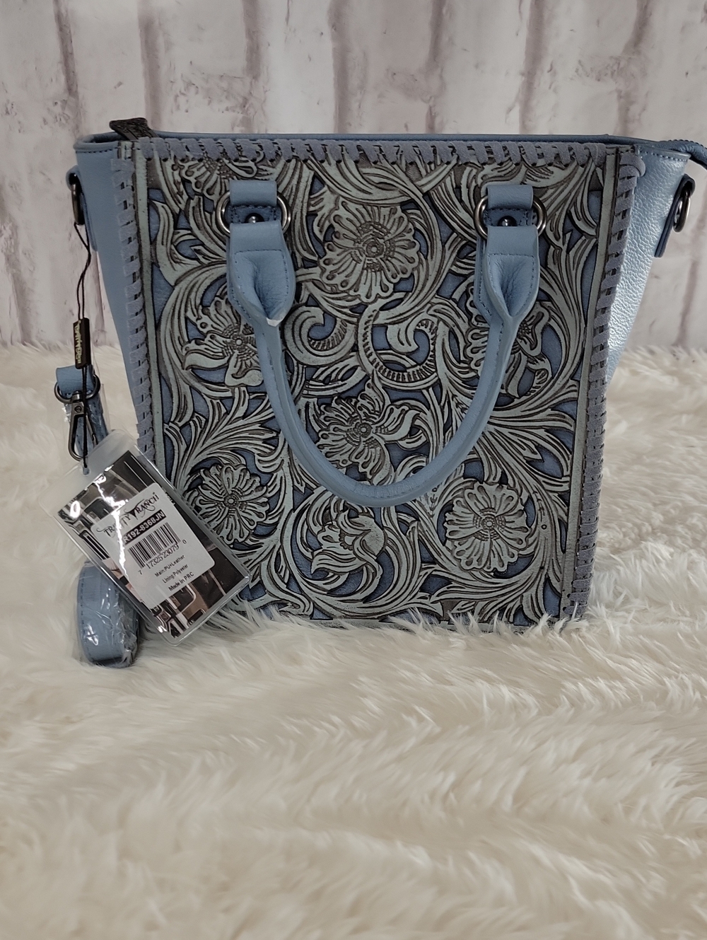 Light Blue Floral-Embossed Tote with Top Handles